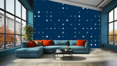 Seamless background pattern of evenly spaced white plus symbols of different sizes and opacity. Vector illustration on dark blue background with stars Wall mural