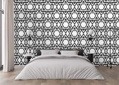 Seamless pattern completely filled with outlines of star of David symbols. Elements are evenly spaced. Vector illustration on white background Wall mural