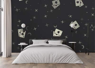 Seamless pattern with stars, two aces symbols on black background. Night sky. Vector illustration on black background Wall mural