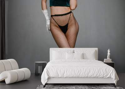 Sexy girl in fishnet pantyhose posing for camera. Wall mural