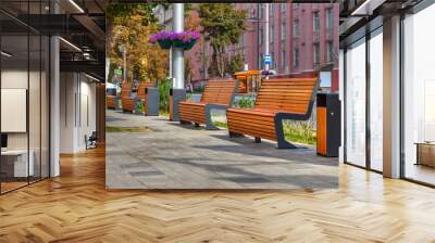 The beautiful sunny cityscape with four benches on the sidewalk. Russia, Rostov-on-Don Wall mural