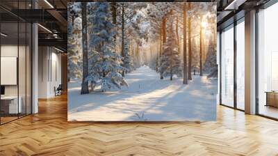 Snow-covered trees in a peaceful forest, 4K hyperrealistic photo Wall mural