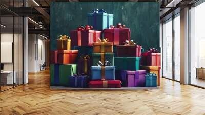 Stack of colorful gift boxes, 4K hyperrealistic photo Wall mural