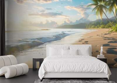 Sun-drenched beach with footprints leading to the water, 4K hyperrealistic photo Wall mural