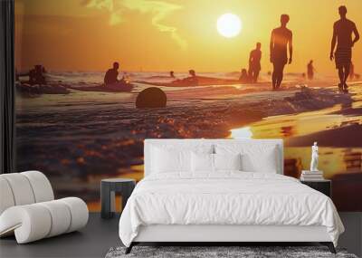 Sunset over a beach with silhouettes of people, 4K hyperrealistic photo Wall mural