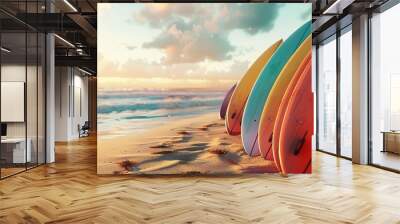 Surfboards lined up on a beach ready for a day of surfing, 4K hyperrealistic photo Wall mural