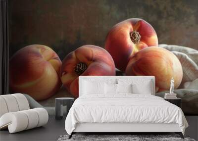 Sweet juicy peaches on cloth napkin, 4K hyperrealistic photo Wall mural