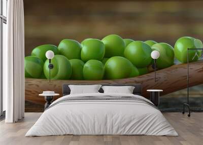 Tasty green peas on wooden spoon, 4K hyperrealistic photo Wall mural