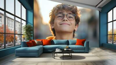 Teenaged French boy with trendy glasses and a joyful smile. Wall mural