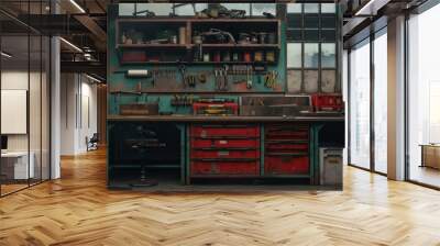 Toolbox under the workbench, 4K hyperrealistic photo Wall mural