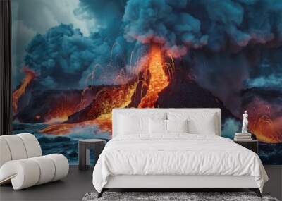 Underwater volcanic eruption with lava flowing into the sea, 4K hyperrealistic photo Wall mural