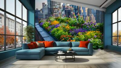 Urban rooftop garden with a variety of flowers at sunset. Cityscape gardening concept with copy space for design and print. Lush greenery in urban environment Wall mural