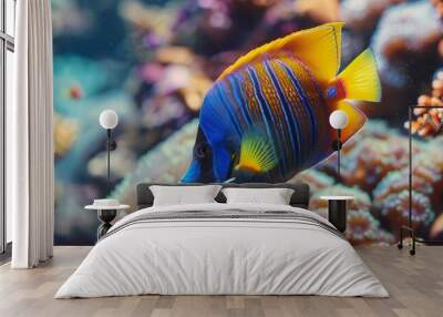 Vibrant angelfish exploring colorful coral, 4K hyperrealistic photo Wall mural