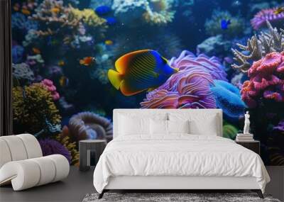 Vibrant angelfish exploring vibrant coral gardens, 4K hyperrealistic photo Wall mural