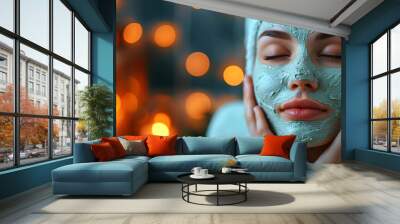 Woman with a facial green clay mask in a spa environment. Close-up portrait with bokeh lights. Spa beauty treatment and relaxation concept. Design for wellness center advertisement, beauty product bro Wall mural