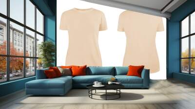 Women's beige blank T-shirt template,from two sides, natural shape on invisible mannequin, for your design mockup for print, isolated on white background... Wall mural