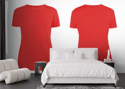 Women's red blank T-shirt template,from two sides, natural shape on invisible mannequin, for your design mockup for print, isolated on white background... Wall mural