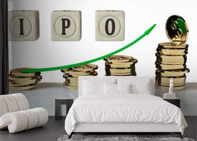 Green arrow pointing upwards lies on pillars of gold-plated coins with a dollar sign on the background of cubes with the inscription IPO. 3D rendering. Blank for design. Success concept. Isolated. Wall mural