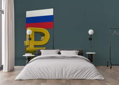 Ruble symbol in front of the Russian flag on a neutral gray background with space for text and logo. Finance concept. world currencies. 3D rendering Wall mural