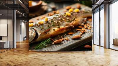 Baked trout with almonds and butter, 4K hyperrealistic photo Wall mural