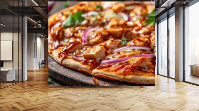 BBQ chicken pizza with red onions, 4K hyperrealistic photo Wall mural