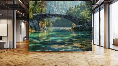 Bridge over a rocky mountain river with crystal clear water, 4K hyperrealistic photo Wall mural