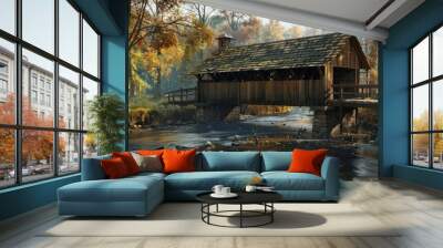 Covered wooden bridge spanning a peaceful creek, 4K hyperrealistic photo Wall mural