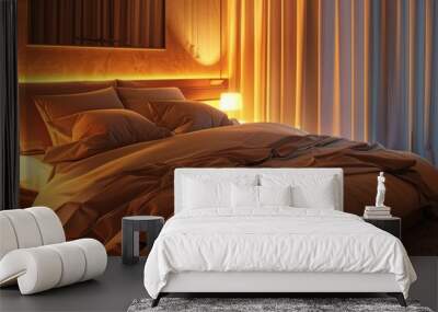 Cozy bedroom with a plush bed and warm lighting, 4K hyperrealistic photo Wall mural