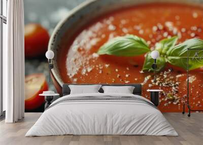 Creamy tomato soup with basil garnish, 4K hyperrealistic photo Wall mural