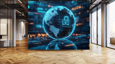 Earth globe and cybersecurity lock hologram with diverse icons Wall mural