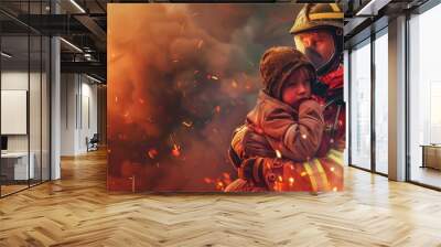 Firefighter rescuing a child from a burning building, 4K hyperrealistic photo Wall mural