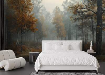 Foggy morning in an autumn forest, 4K hyperrealistic photo Wall mural