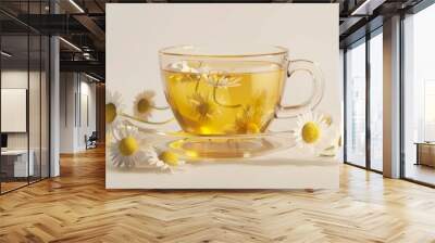 Freshly brewed cup of chamomile tea on white background, 4K hyperrealistic photo Wall mural