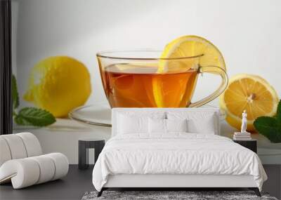 Freshly brewed cup of green tea with lemon on white background, 4K hyperrealistic photo Wall mural