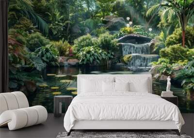 Garden oasis collage with lush plants, serene water features, and peaceful settings, 4K hyperrealistic photo Wall mural