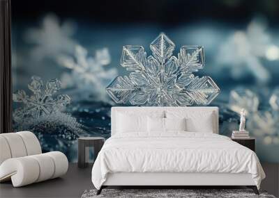 Geometric snowflakes with precise, angular designs, each flake unique and detailed against a frosty background. 4K hyperrealistic photo. Wall mural