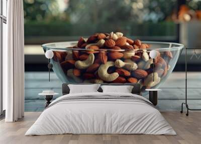 Glass bowl of mixed nuts, 4K hyperrealistic photo Wall mural