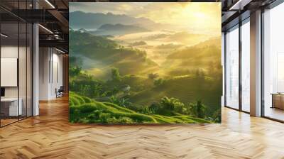 Golden sunrise over a lush green valley, 4K hyperrealistic photo Wall mural