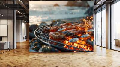 Grilling fresh seafood on the barbecue by the seaside, 4K hyperrealistic photo Wall mural