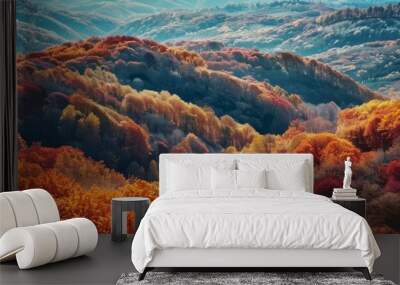 Hills covered in colorful autumn foliage, 4K hyperrealistic photo, Wall mural