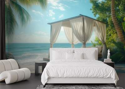 Luxurious beachside cabana with soft drapes blowing in the breeze, offering a perfect spot for relaxation under the sun. 4K hyperrealistic photo. Wall mural