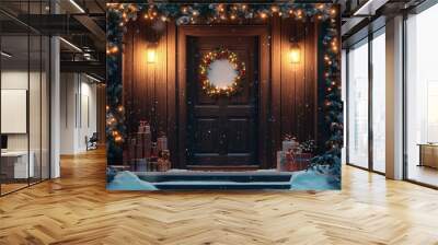 Mockup of a blank holiday sign on a wooden door, with twinkling lights, a festive wreath, and snow-covered ground creating a welcoming Christmas scene. 4K hyperrealistic photo. Wall mural