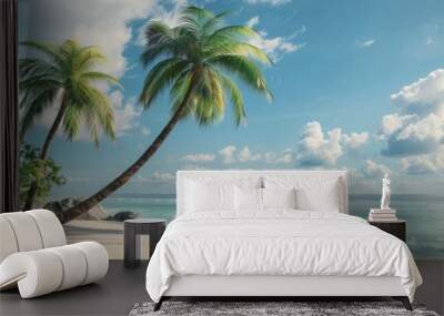 Palm trees swaying gently in the breeze on a tropical island beach, 4K hyperrealistic photo Wall mural