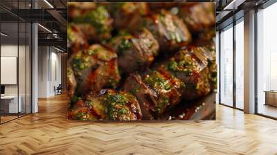 Pesto marinated grilled lamb kebabs, 4K hyperrealistic photo Wall mural