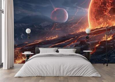 Planet with lava flows and volcanic activity, 4K hyperrealistic photo Wall mural