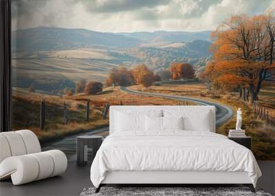 Rural road winding through autumn hills, 4K hyperrealistic photo Wall mural