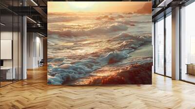 Sunset over a rocky shoreline with crashing waves, 4K hyperrealistic photo, Wall mural