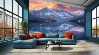 Sunset reflecting off snow-capped mountains, 4K hyperrealistic photo, Wall mural