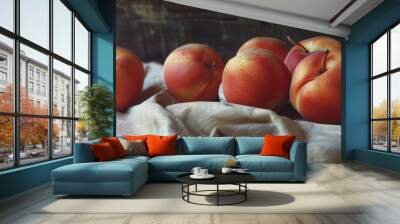 Sweet juicy peaches on cloth napkin, 4K hyperrealistic photo Wall mural