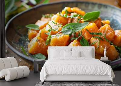 Sweet potato gnocchi with sage butter sauce, 4K hyperrealistic photo Wall mural